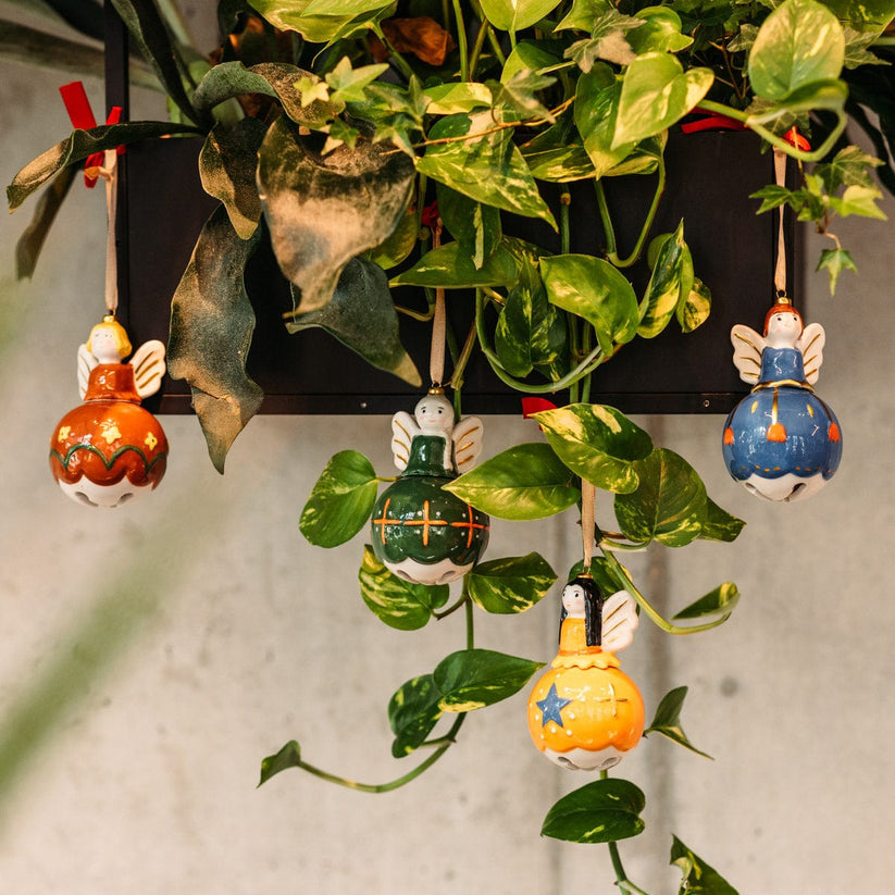 Designer ceramic balls 4 angels with bells as Christmas decoration