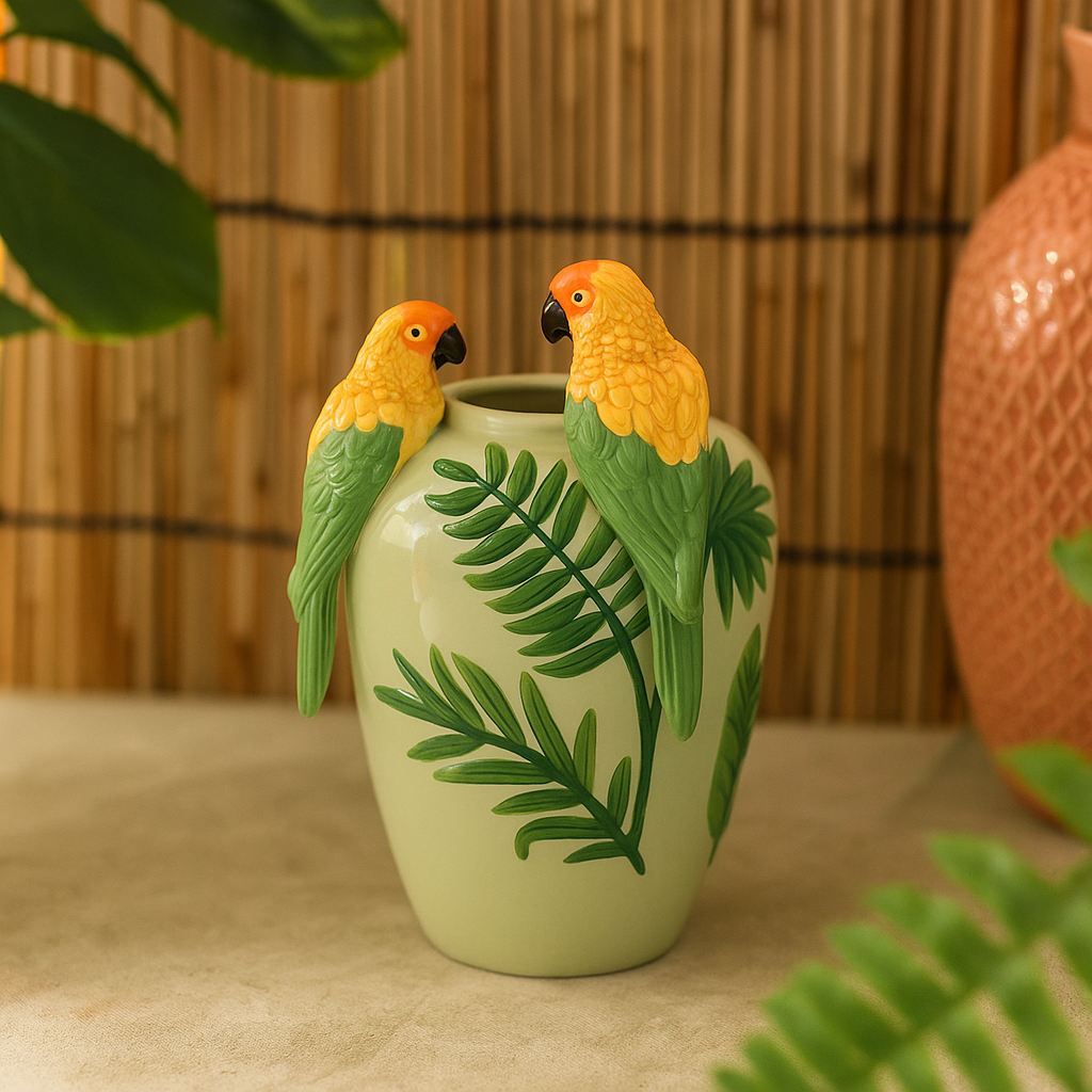 Ceramic vase light green with 2 macaws and branches –  H 12.20 in Ø 7.87 in