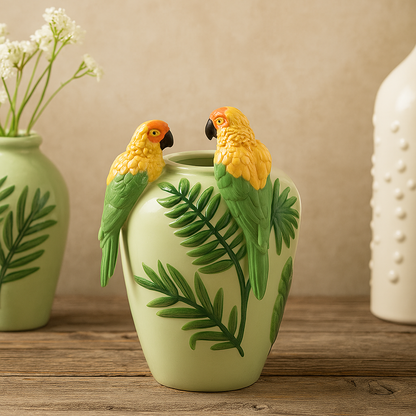 Ceramic vase light green with 2 macaws and branches –  H 12.20 in Ø 7.87 in