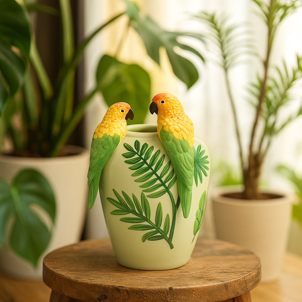 Ceramic vase light green with 2 macaws and branches –  H 12.20 in Ø 7.87 in