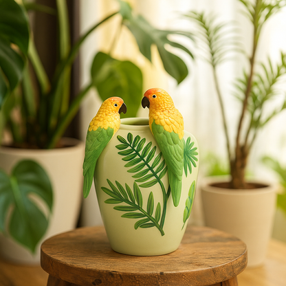 Ceramic vase light green with 2 macaws and branches –  H 12.20 in Ø 7.87 in