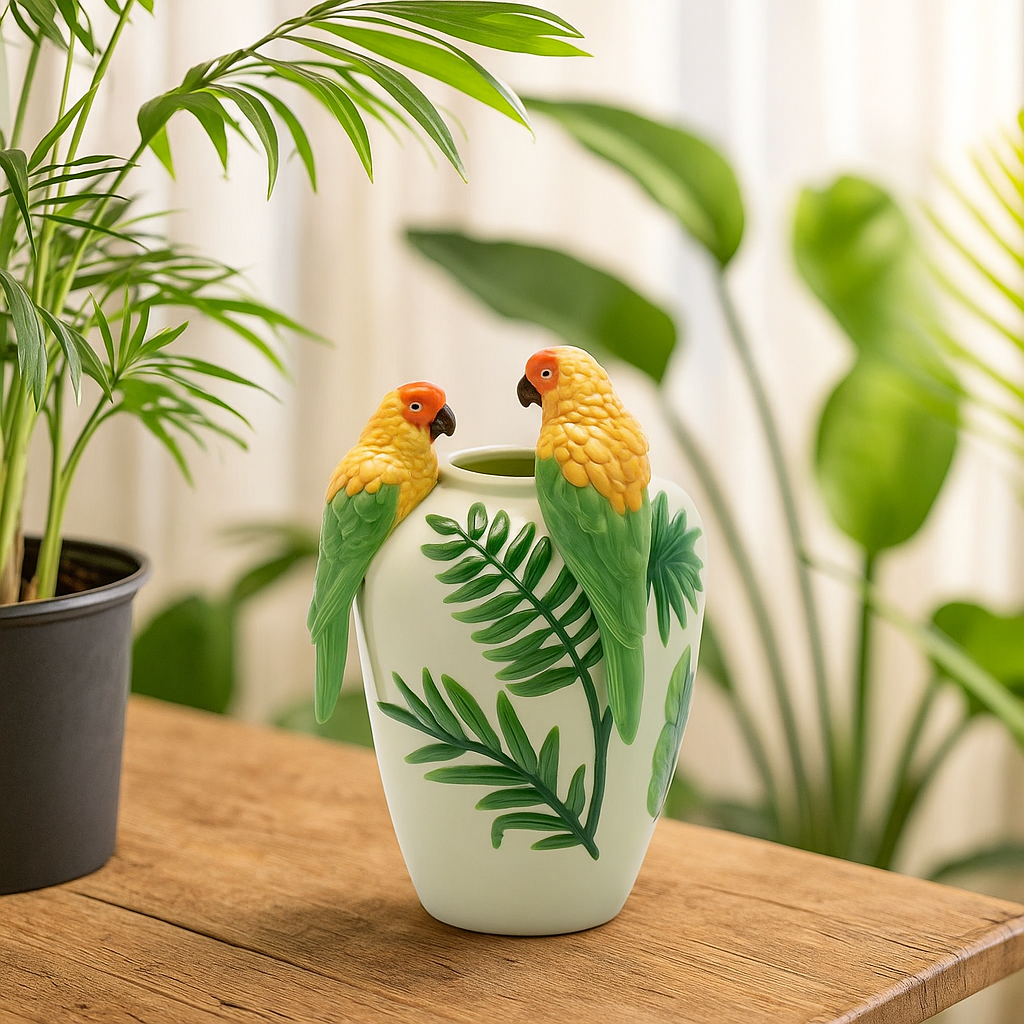 Ceramic vase light green with 2 macaws and branches –  H 12.20 in Ø 7.87 in