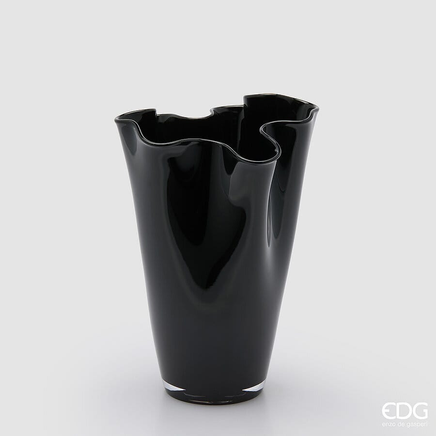Italiving Glasvase Schwarz Glasvase mit Wellenrand in 2 Farben - Handarbeit - H29 cm Ø 23 cm