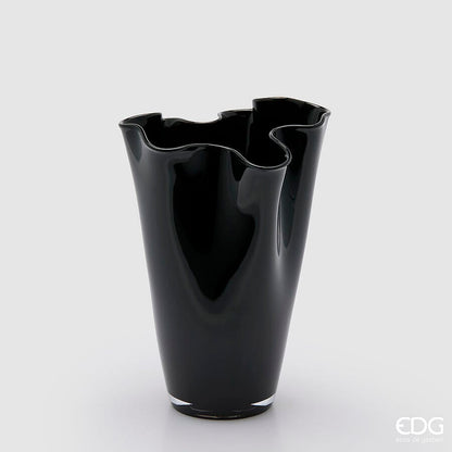 Italiving Glasvase Schwarz Glasvase mit Wellenrand in 2 Farben - Handarbeit - H29 cm Ø 23 cm