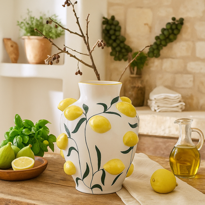 White ceramic vase decorated with lemons – H 12.20 in Ø 10.23 in – Handmade
