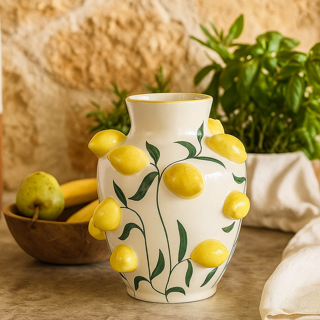 White ceramic vase decorated with lemons – H 12.20 in Ø 10.23 in – Handmade
