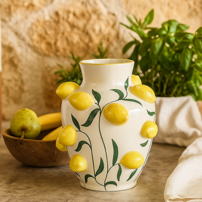 White ceramic vase decorated with lemons – H 12.20 in Ø 10.23 in – Handmade