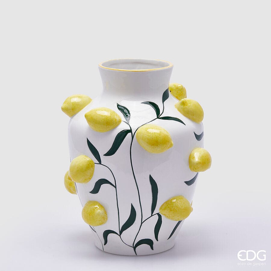 Italiving ceramic vase white decorated with lemons – H 1in2.20 Ø 10.23in – handmade