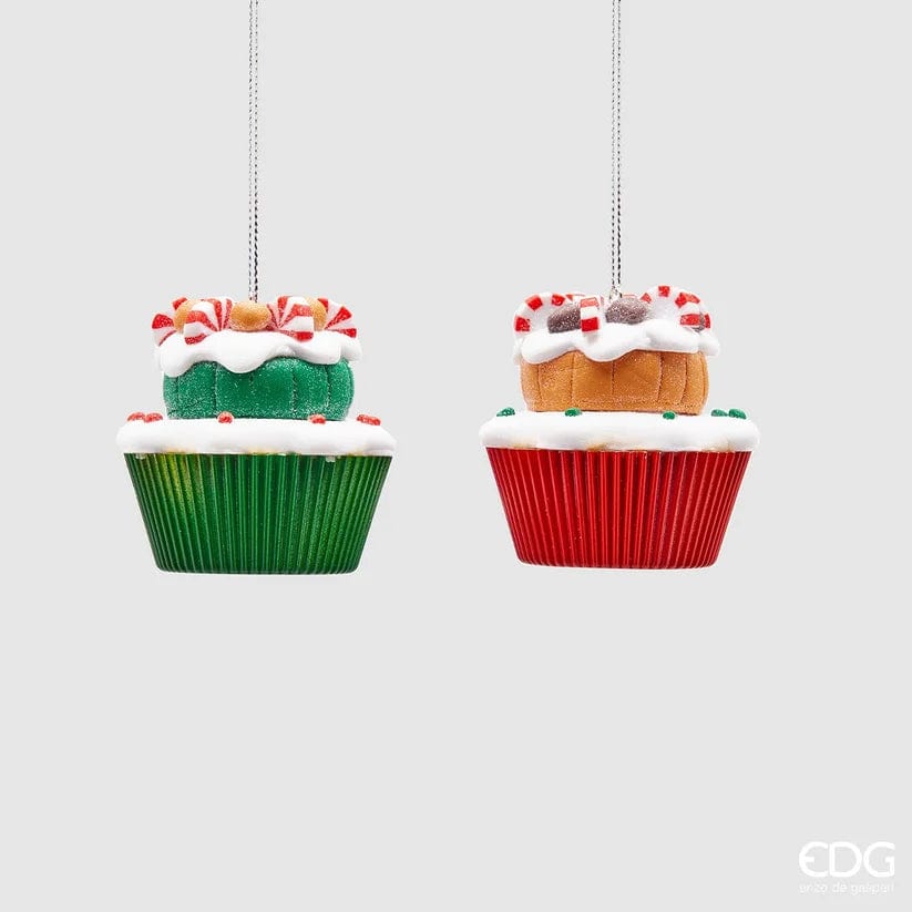 Christmas decoration - 2 colorful cupcakes in red and green - glass H 2.6"