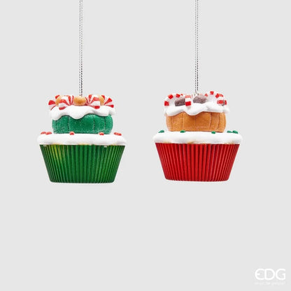 Christmas decoration - 2 colorful cupcakes in red and green - glass H 2.6"