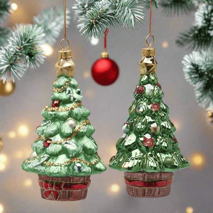 Christmas decoration - 2 pine trees with gifts - glass H 6.1" Ø 3.3"