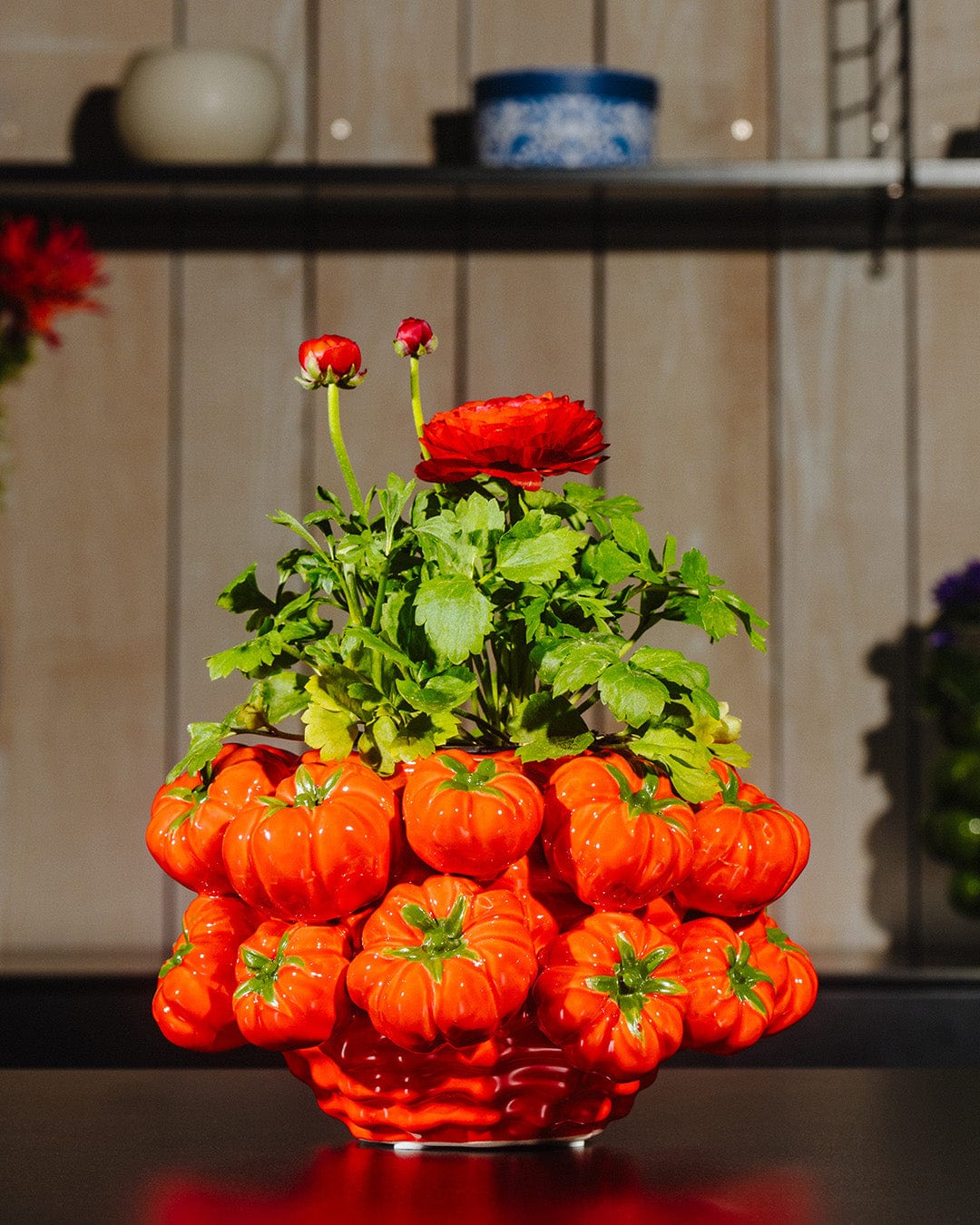 Designer vases ceramic red decorated with red tomatoes H 5.85" or H 9.6"