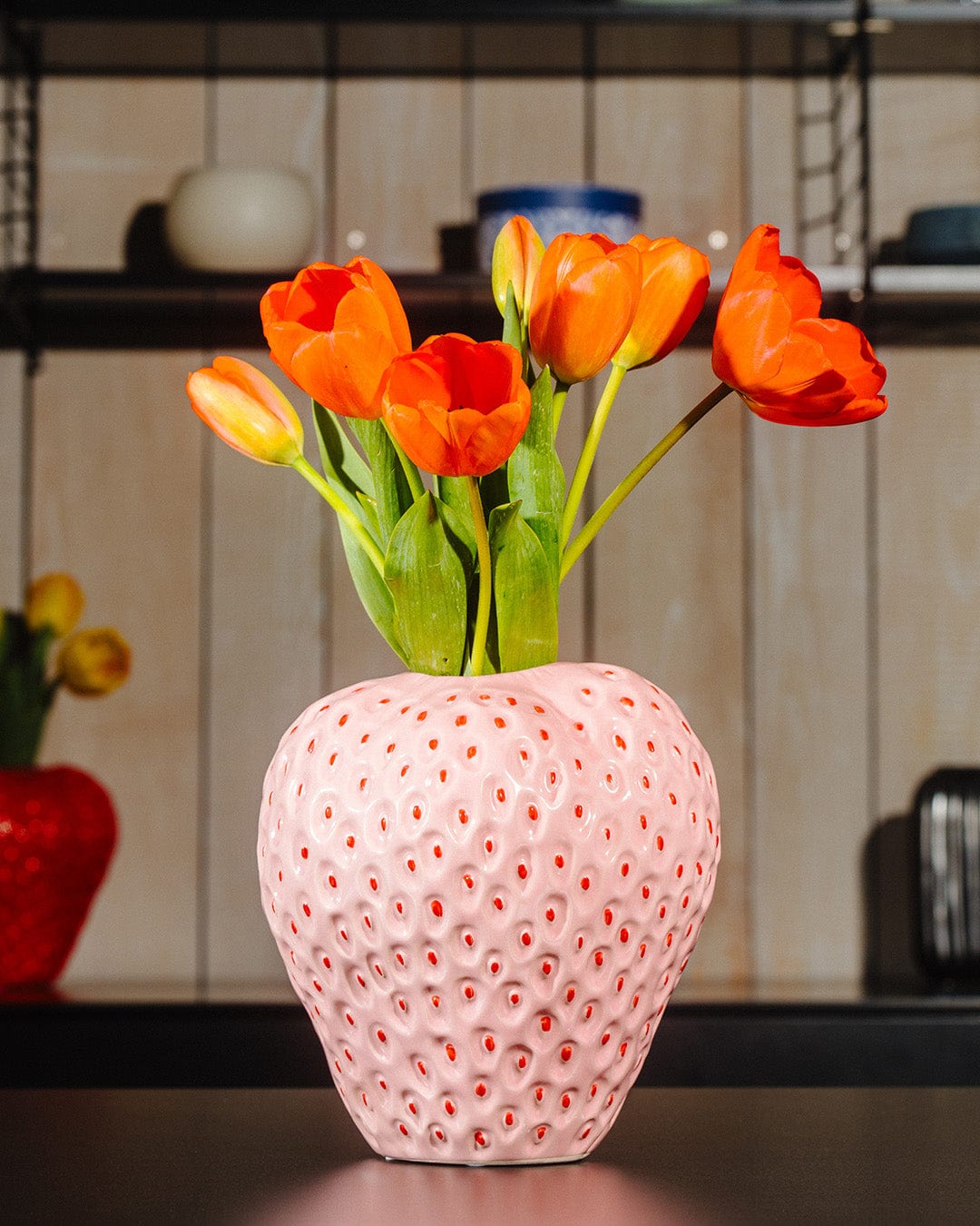 Strawberry vase height 8.3" Ø 7.9" - decorative vase ceramic pink