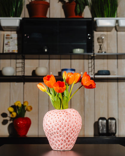 Strawberry vase height 8.3" Ø 7.9" - decorative vase ceramic pink