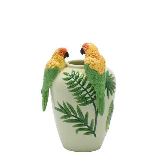 Italiving ceramic vase light green with 2 macaws and branches – H 12.20 in Ø 7.87 in