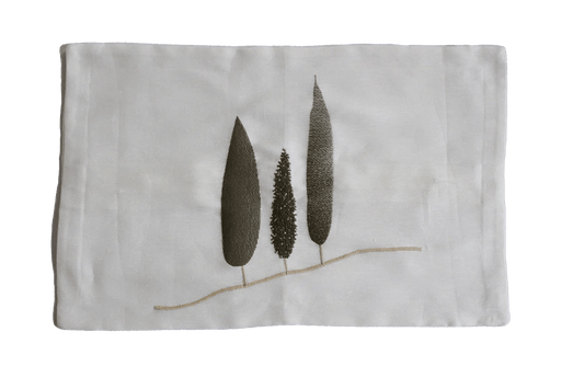 Cushion cover 11.81" x 19.68" white embroidered with cypresses - 50 BW / 50 linen
