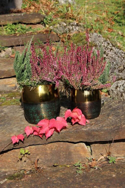 Metal planter in earth tones with wide gold rim Height 6.3" Ø 6.3"