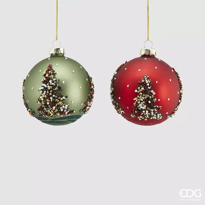 Set of 2 decorative, decorated Christmas balls red and green Ø 3.2"