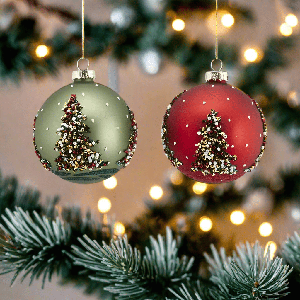 Set of 2 decorative, decorated Christmas balls red and green Ø 3.2"