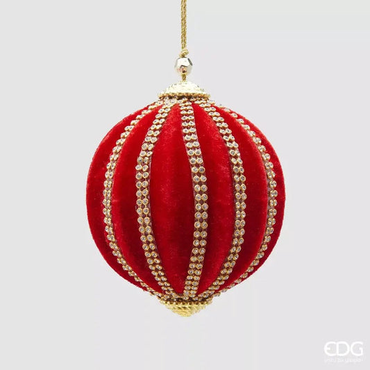Christmas ball with red velvet, crystal ribbons and gold caps - Ø 3.9"