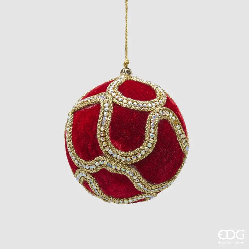 Christmas ball with red velvet, crystals and decorative ribbons - Ø 3.9"