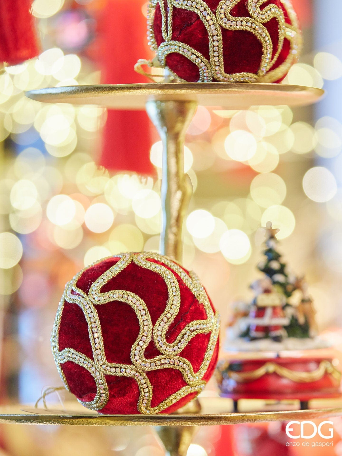 Christmas ball with red velvet, crystals and decorative ribbons - Ø 3.9"