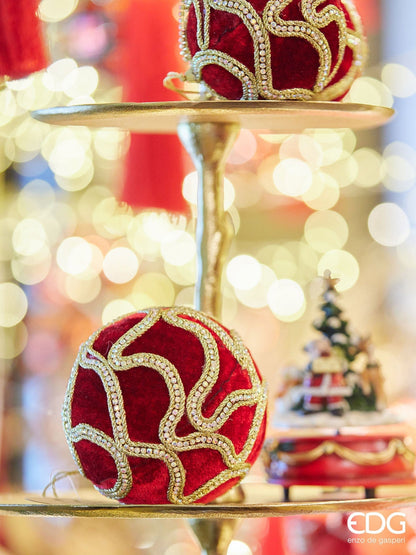 Christmas ball with red velvet, crystals and decorative ribbons - Ø 3.9"