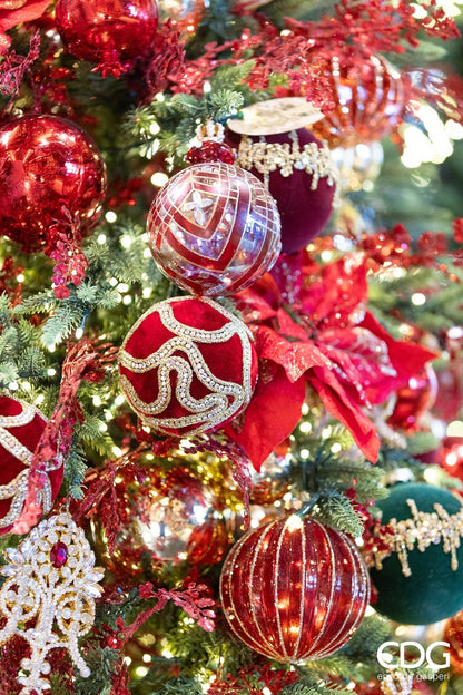 Christmas ball with red velvet, crystals and decorative ribbons - Ø 3.9"