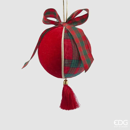 Christmas ball with velvet, tartan, bow and tassel - Ø 7.4"